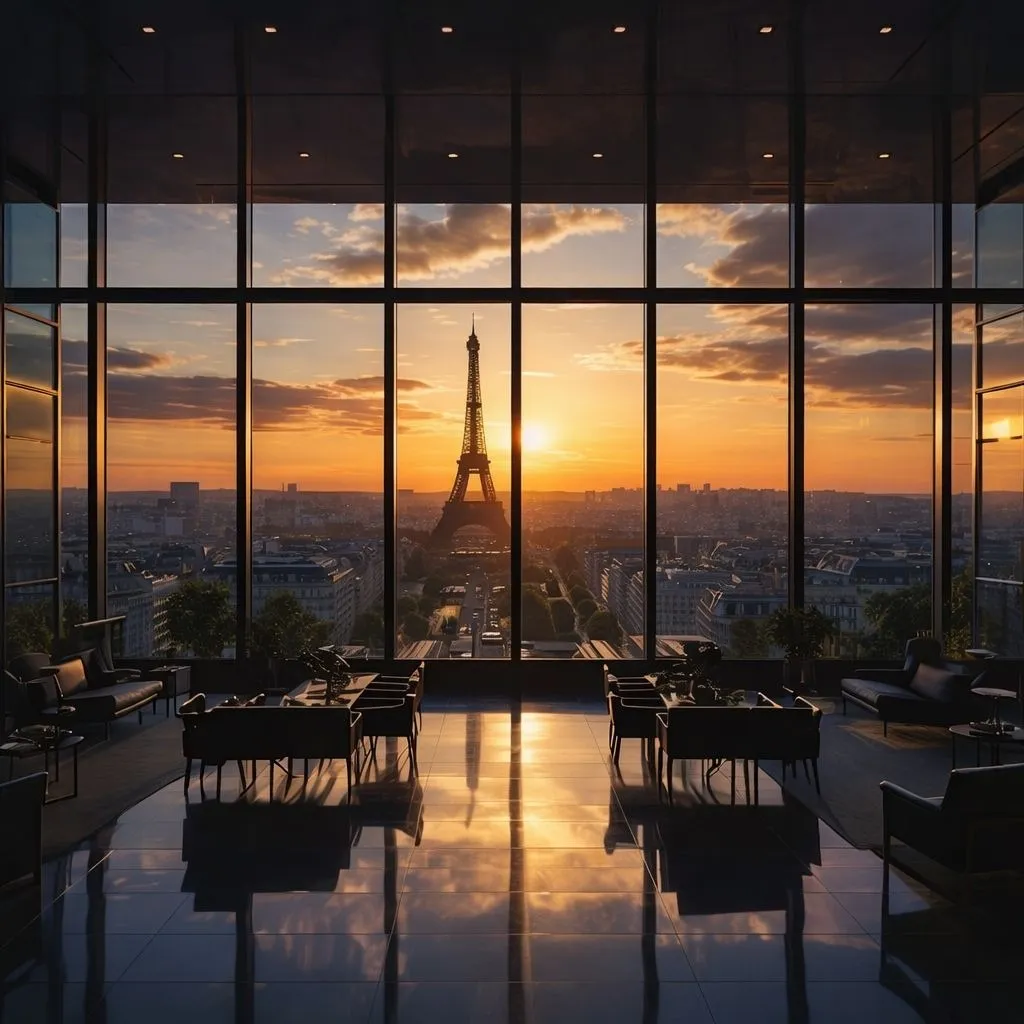Luxury penthouse lounge with panoramic sunset view of the Eiffel Tower