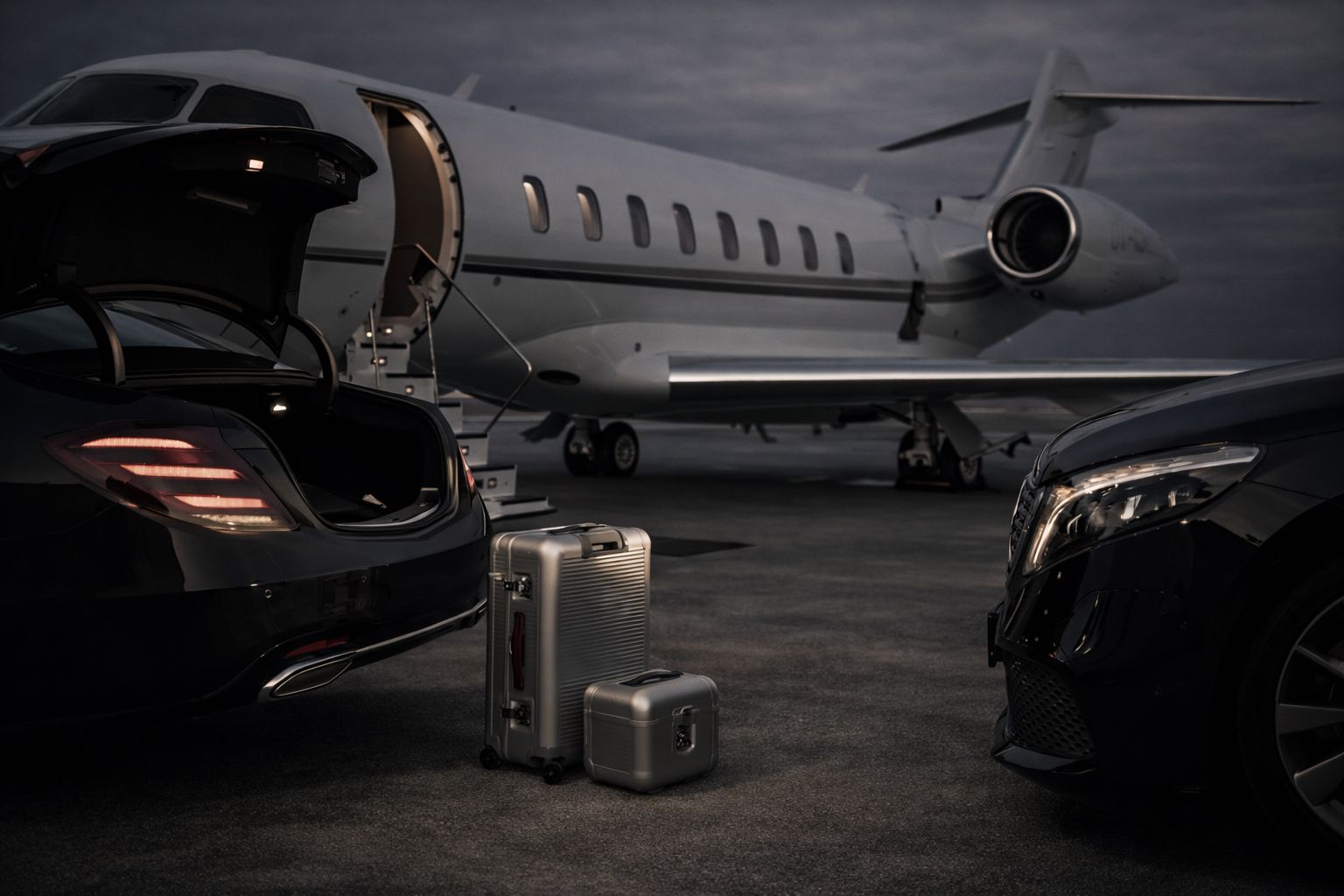 Private jet on the tarmac with chauffeured vehicles and luggage transfer in motion